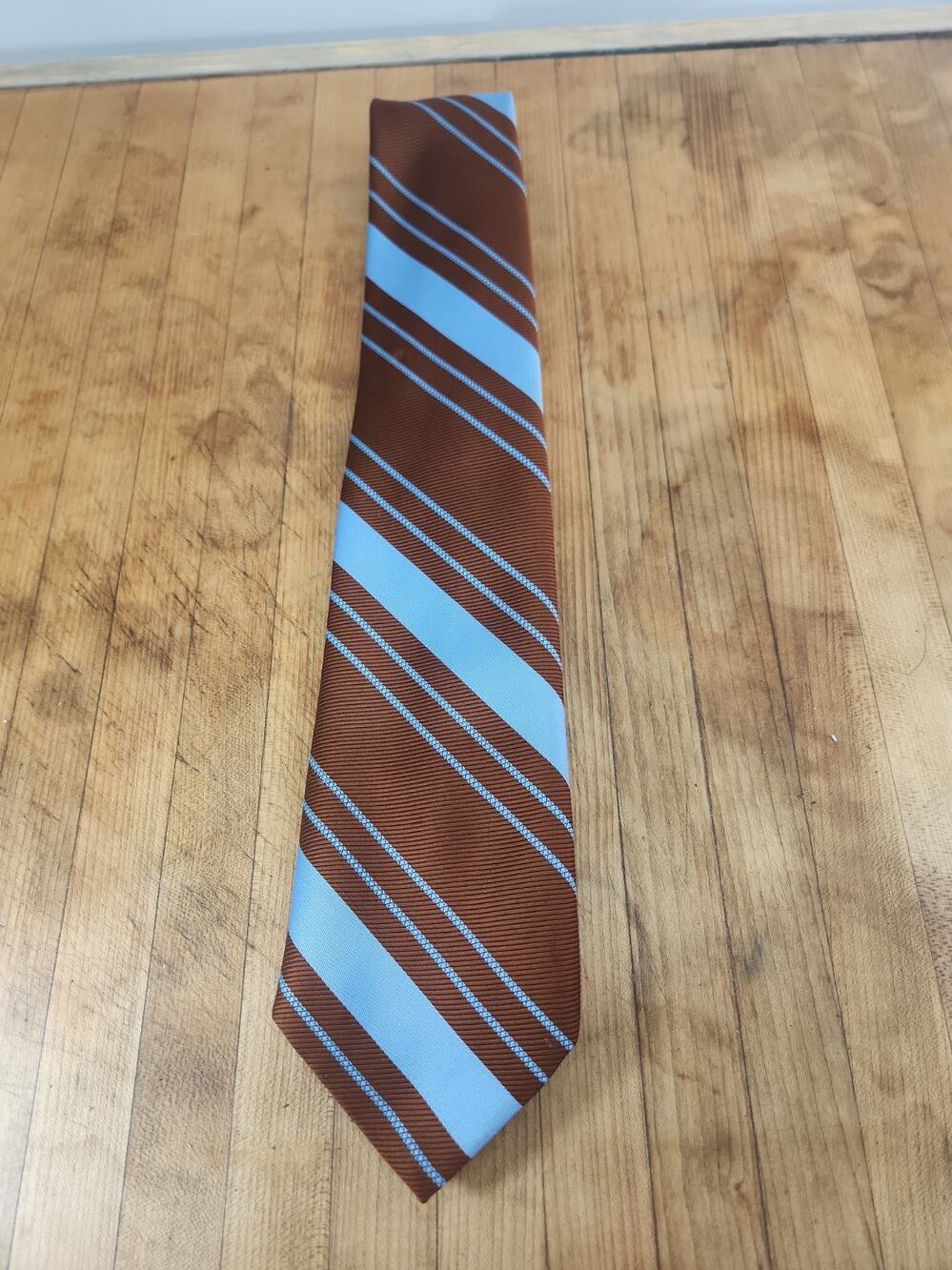 Vintage 70s Sears Mens Store Tie Rust Brown Blue Stripe Polyester Necktie